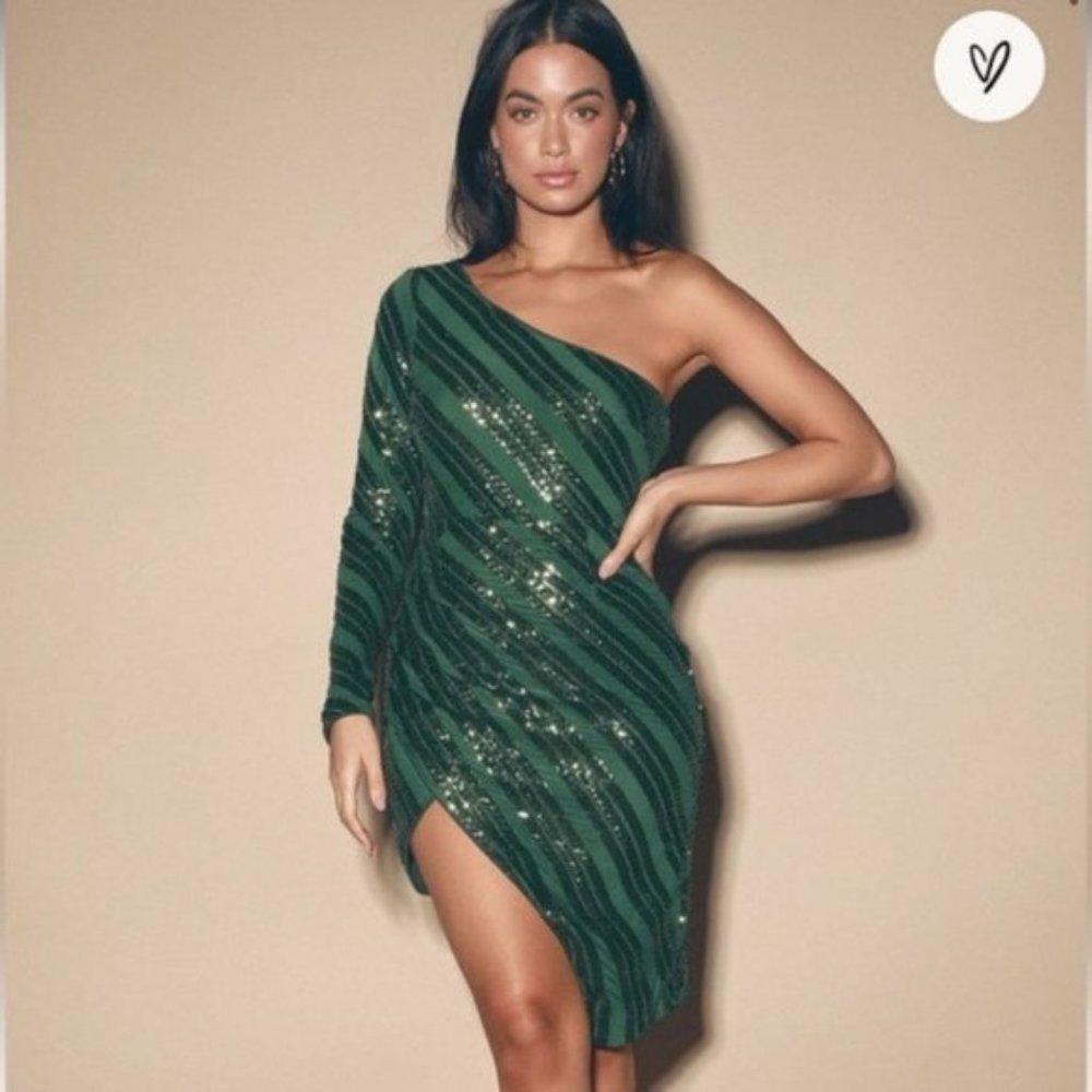 Lulus Rendezvous With You Dark Green Sequin One-Shoulder Bodycon Dress NWT M